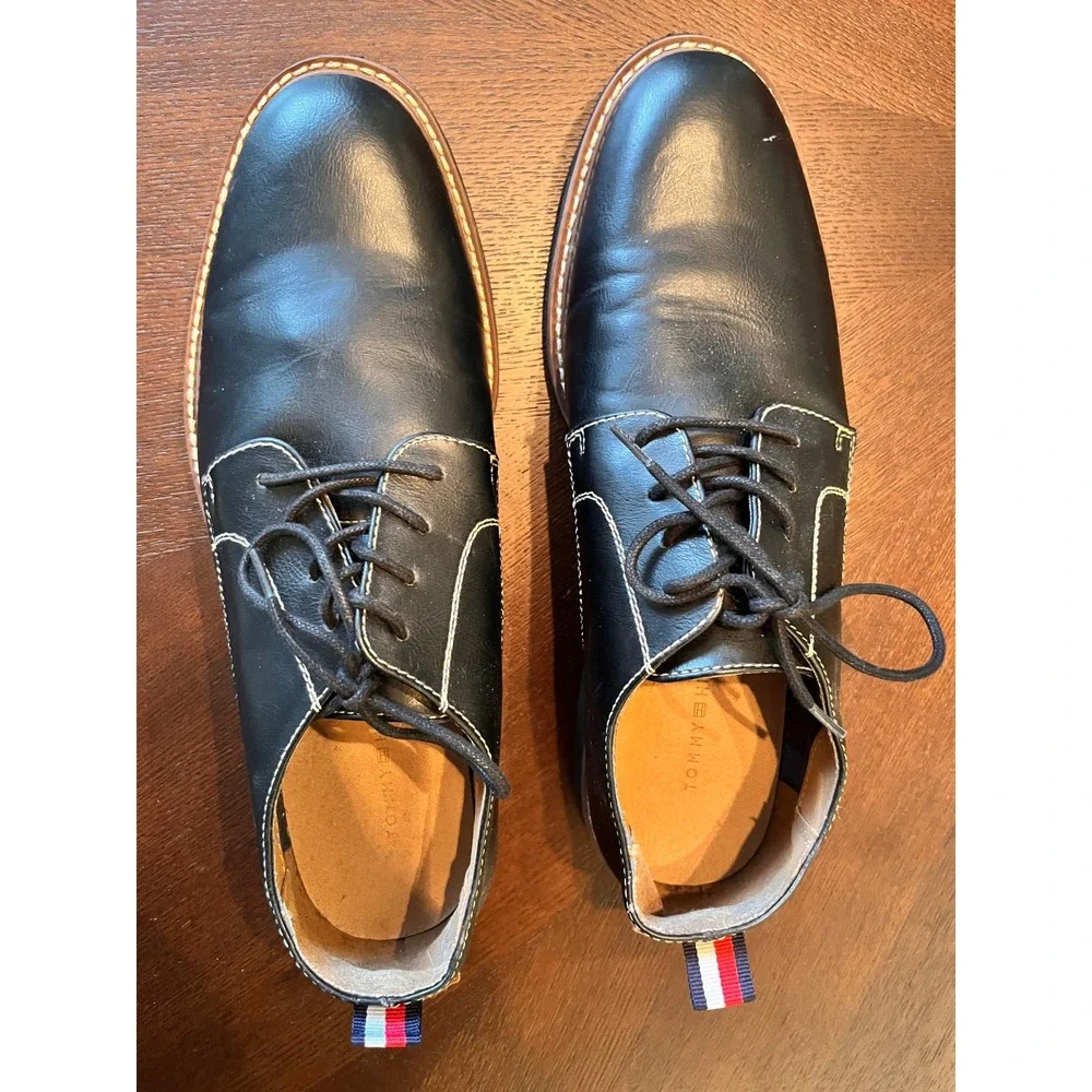 Tommy Hilfiger Dress Shoes Mens 10.5 Black Good Derby Oxford Contrast Stitch
